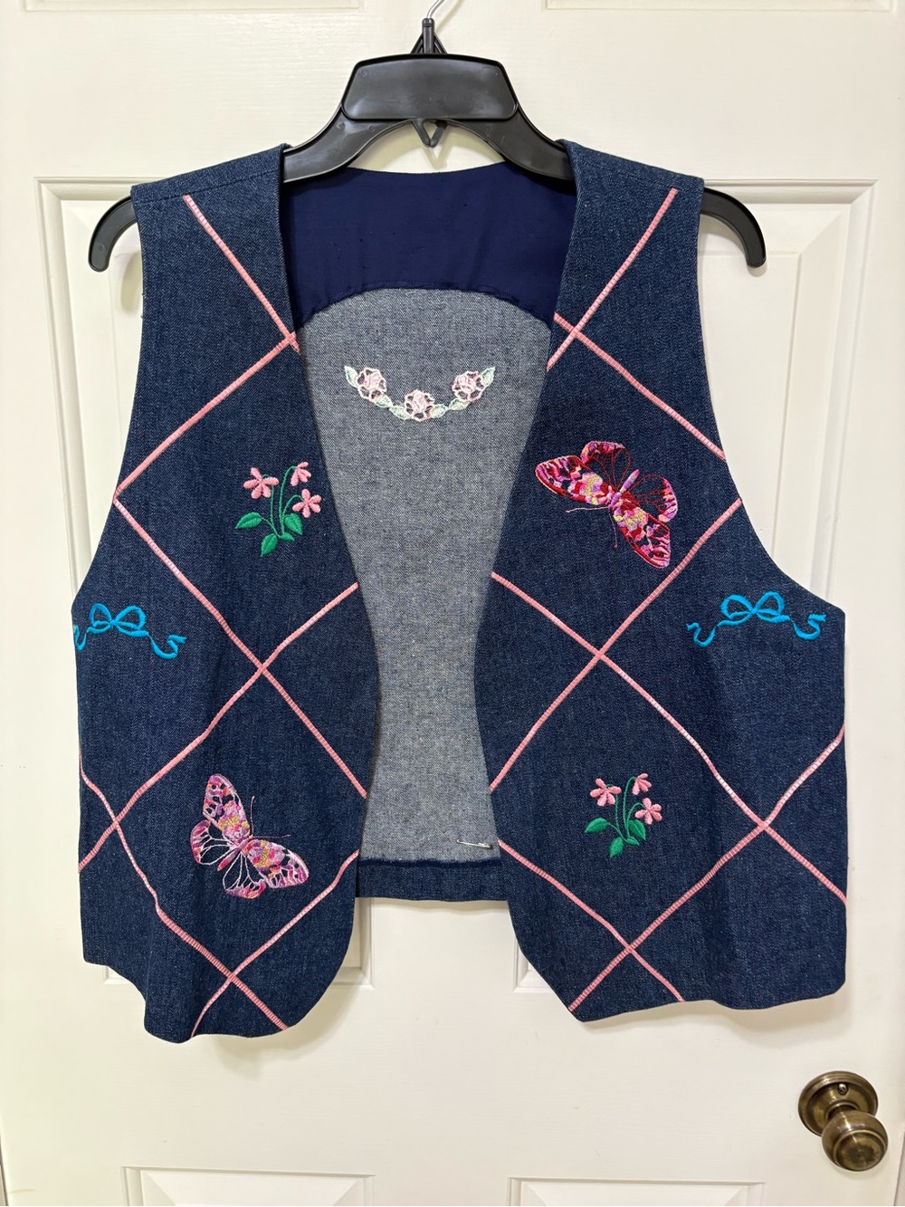 Embroidered Denim Vest with Pink Lattice & Butterfly Motifs